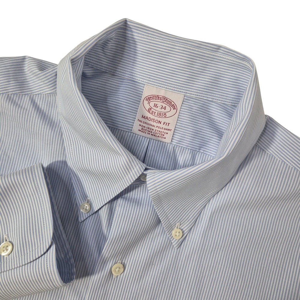 Brooks Brothers Dress Shirt Mens 16-34 Madison Fit Blue Stripe Supima Cotton